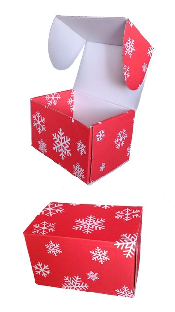 Подарункова коробка самозбірна маленька "Новий рік червона сніжинки" (16х11х10) двосторонній картон