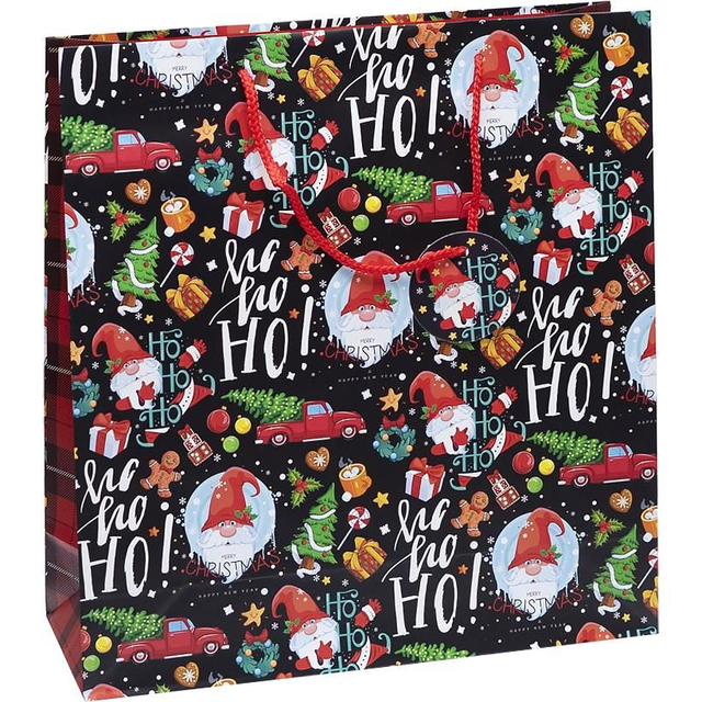 Подарунковий пакет "Новорічна фольга,Діди Морози на чорному фоні" 35х37х12 см (1 штука)