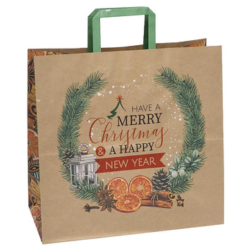 Подарочный пакет "Новогодний крафт,Have a Merry Christmas and Happy New Year венок" 32х15х30 см (1 штука)