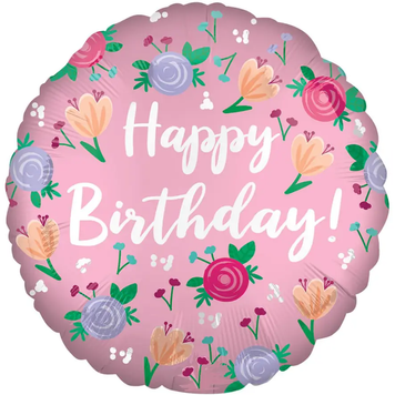Фольгована фігура 18" (45см) "Happy Birthday з квітами" рожева (китай)