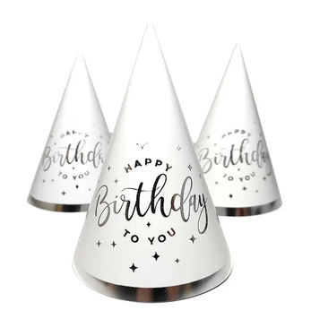 Святковий ковпак "Happy Birthday срібло на Білому"(10 шт/уп)