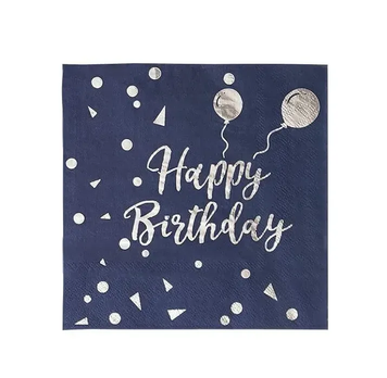 Серветки "Happy Birthday кульки срібні на синьому" (33х33) (20 штук)