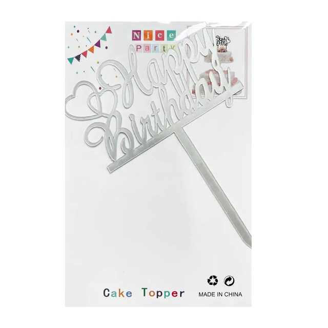Топпер для торта серебро "Happy Birthday сердечки",15*10 см
