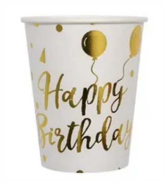 Стаканчики "Happy Birthday золото з кульками на білому" (10шт-уп)