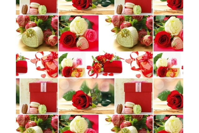 Пакувальний подарунковий папір "Червоні подарунки троянди + macarons"