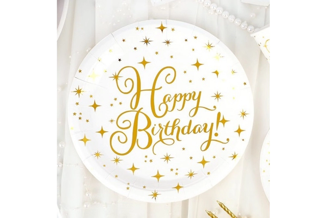 Тарілки "Happy Birthday золото на білому" (23 см)(10шт-уп)