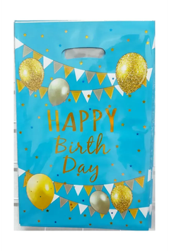 Пакет МАЛЕНЬКИЙ дитячий Happy birthday кульки на блакитному 16,5х25 см (10шт/уп)