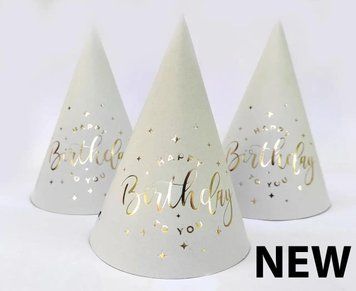 Святковий ковпак "Happy Birthday золото на Білому NEW" (10 шт/уп)
