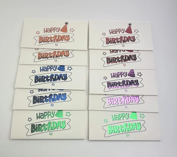 Конверт для грошей "Happy Birthday ковпачки" асорті кольорове тиснення" 1шт