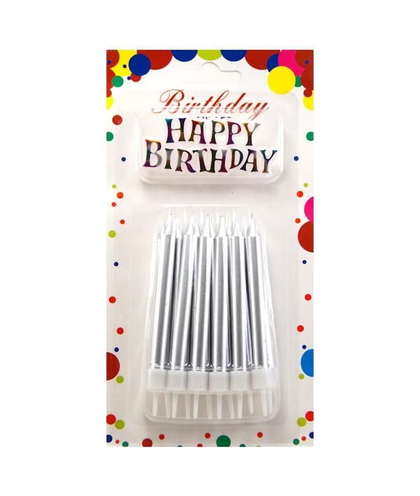 Свічки для торту Великі товсті Срібло металік + Напис Happy Birthday (12 шт)