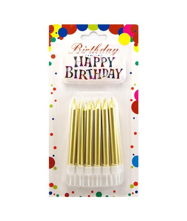 Свічки для торту Великі товсті Золото металік + Напис Happy Birthday (12 шт)