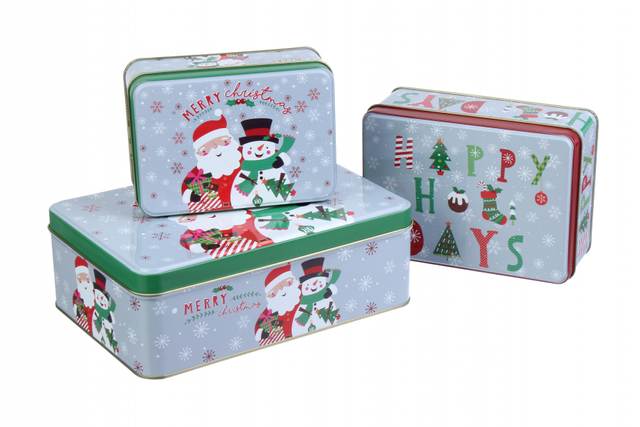 Набор из 3 новогодних коробок "Дед Мороз и снеговик на серо-зеленом фоне"