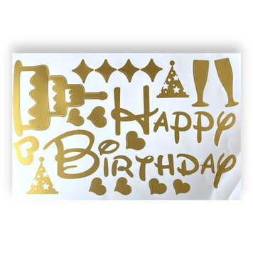 Наліпки ВЕЛИКІ САТИН "Happy Birthday торт, ковпак, келих золото" (на коробку або кульку)