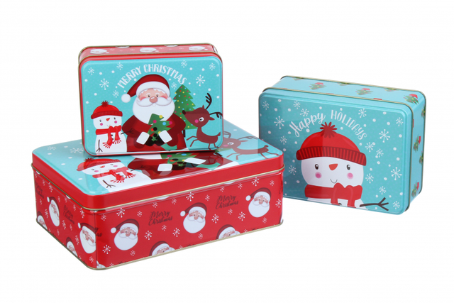 Набір з 3 новорічних коробок "Діди Морози на м'ятно-червоному фоні"