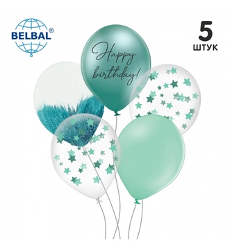 Набір латексних куль ТМ Sharoff (Happy Birthday, хром, аквамарин, без обкладинки) (5 шт/уп)