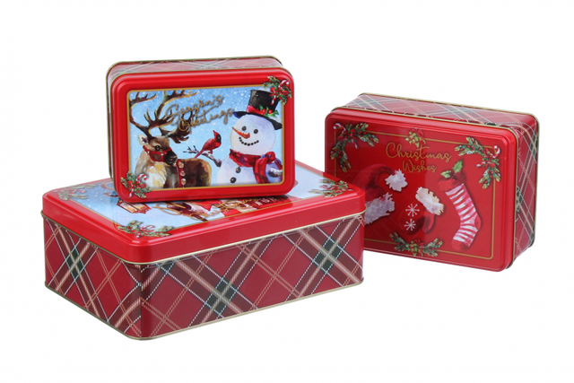 Набор из 3 новогодних коробок "Дед Мороз и снеговик красная клеточка"