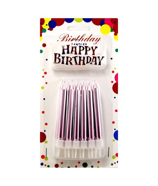 Свічки для торта Великі товсті Рожеві металік + Напис Happy Birthday (12 шт)