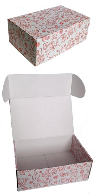 Подарочная коробка самосборная средняя "Новый год белая с рисунком" (25х16,5х9) двусторонний картон
