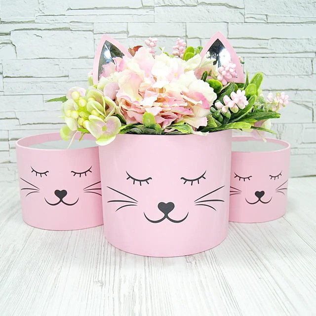 Шляпная коробка с ушками Розовый котик (Маленькая D16)