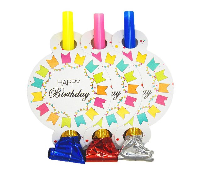 Праздничный язычок-гудок "Happy Birthday цветные флажки в кругу" (6 шт/уп)