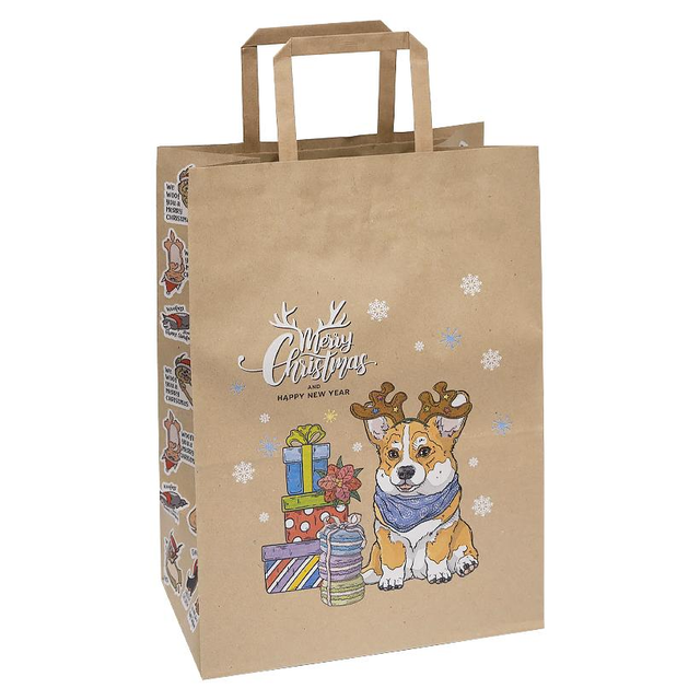 Подарунковий пакет "Новорічний крафт,Merry Christmas,собачка Коргі з подарунками" 25х15х34,5 см (1 штука)