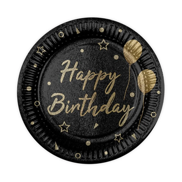 Тарілки "Happy Birthday на чорному золоті кульки та зірки" (18,0 см)(10шт-уп)
