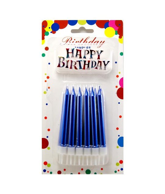 Свечи для торта Большие толстые Синий металлик + Надпись Happy Birthday (12 шт)