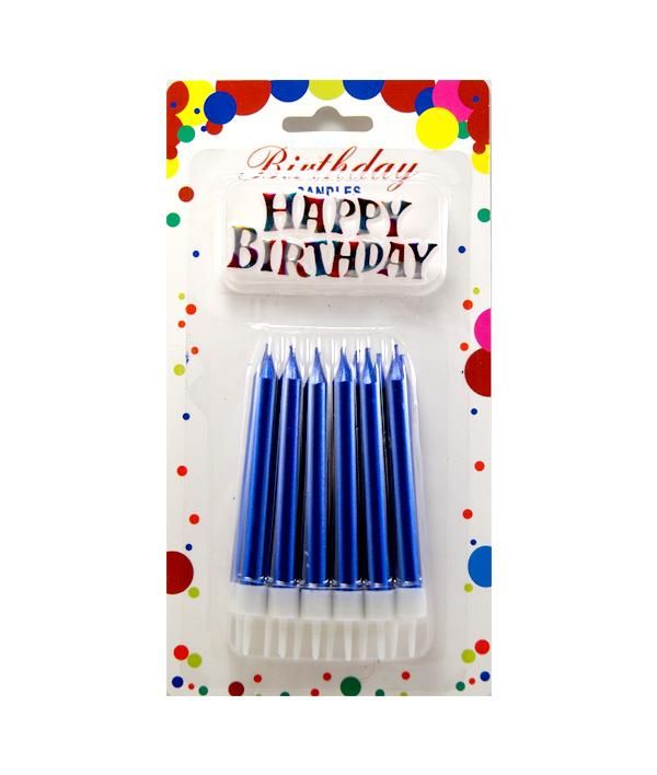 Свічки для торту Великі товсті Синій металік + Напис Happy Birthday (12 шт)