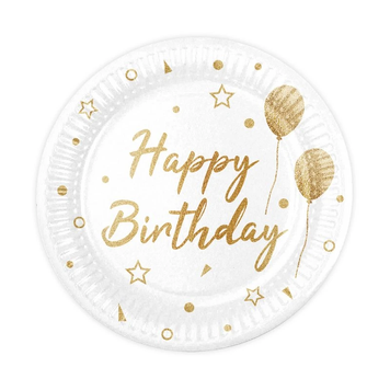 Тарілки "Happy Birthday на білому золоті кульки та зірки" (18,0 см)(10шт-уп)
