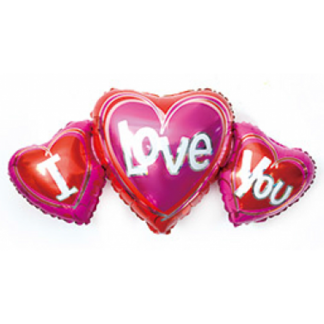 Фольгированная фигура I Love You из трех сердец с розовым (Китай) (в инд. упаковке)