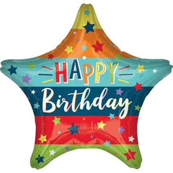 Фольга 18" (45см) "Зірка Happy Birthday з колоровими смужками" (Китай)