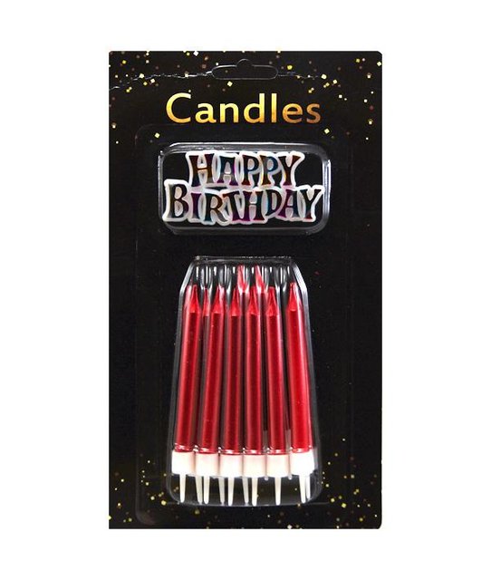 Свічки для торту Великі товсті Червоні металік + Напис Happy Birthday (12 шт)