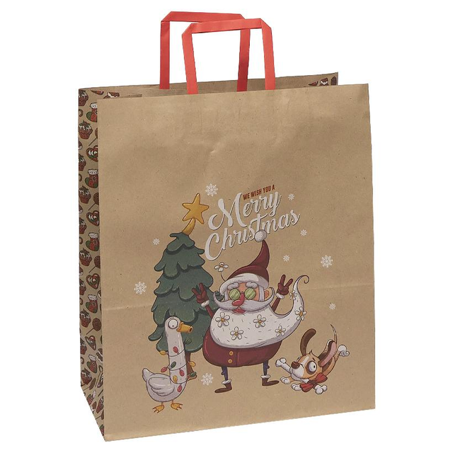 Подарунковий пакет "Новорічний крафт,Merry Christmas Дід Мороз,гусак,собачка" 32х15х38 см (1 штука)