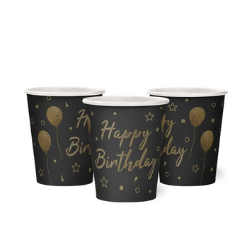 Стаканчики "Happy Birthday на чорному золоті кульки та зірки" (10шт-уп)
